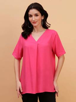 Maaesa - Women Pink Solid Rayon Slub Half Sleeves Casual Top