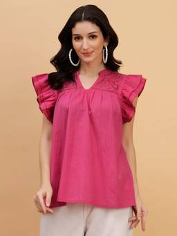 Maaesa - Women Dark Pink Solid Camric Ruffled Sleeves Casual Top