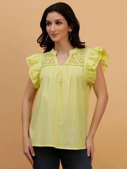 Maaesa - Women Lime Yellow Hand Solid Camric Ruffled Sleeves Casual Top