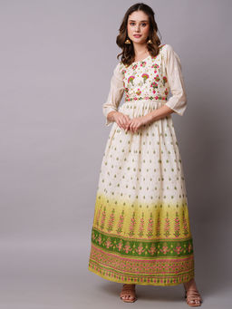 FASHOR - Floral Block Printed Design Mirror & Resham Embroidered Maxi Dress - White & Green