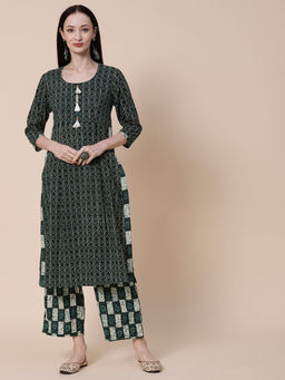FASHOR - Ethnic Stripes Printed A-Line Kurta with Palazzo - Green (Set of 2)
