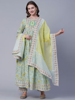 FASHOR - Floral Printed Embroidered Gota Kurta with Pants & Dupatta - Pastel Green (Set of 3)