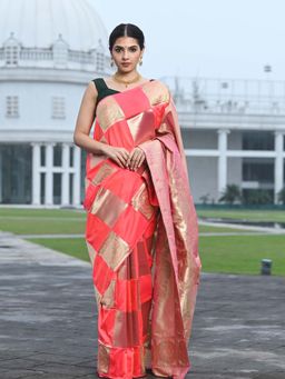 Beatitude - Peach and Golden Banarasi Silk Woven Zari Work Saree with Unstitched Blouse