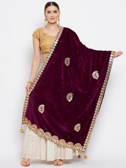 Clora Creation - Women Wine Embellished Dupatta
