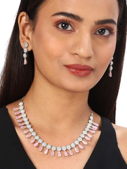 Voylla - American Diamond CZ Silver Plated Pearl Brass Necklace with Pink Stone (Set of 3)