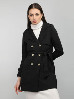 HONNETE - Black Notched Lapel Solid Coats with Belt (Set of 2)