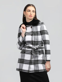 HONNETE - White and Black Checks Spread Collar Checked Coats with Belt (Set of 2)