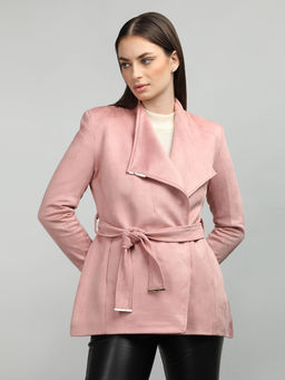 HONNETE - Peach Stand Collar Solid Coats with Belt (Set of 2)