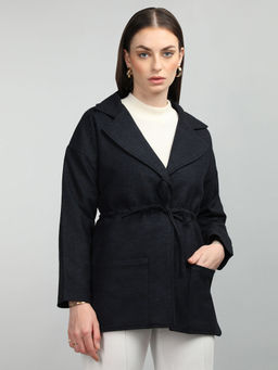 HONNETE - Navy Notched Lapel Tie-Up Solid Coats