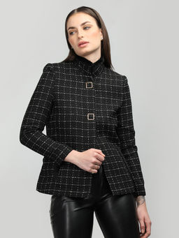 HONNETE - Black Check High Neck Checked Coats