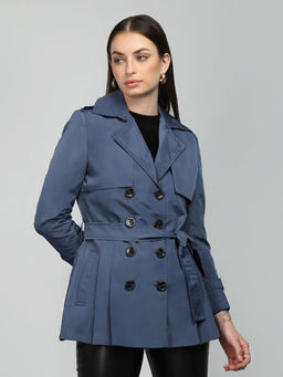 HONNETE - Blue Notched Lapel Solid Coats with Belt (Set of 2)