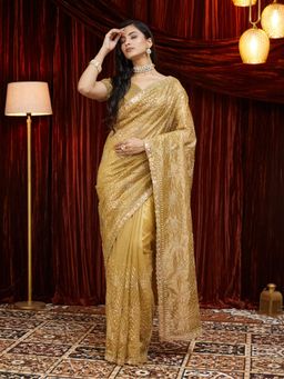Kasee - Golden Organza Embroidered Saree with Unstitched Blouse