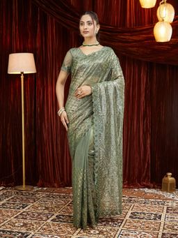 Kasee - Green Sequinned Embroidered Super Net Saree with Unstitched Blouse