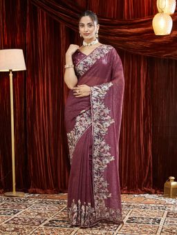Kasee - Women Burgundy Floral Embroidered Chiffon Saree with Unstitched Blouse