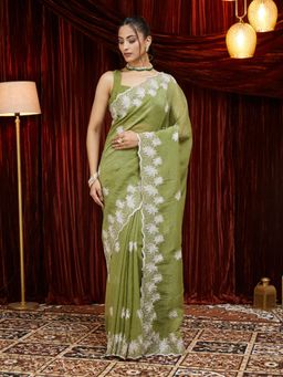 Kasee - Women Olive Chiffon Embroidered Saree with Unstitched Blouse