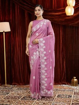 Kasee - Women Pink Chiffon Embroidered Saree with Unstitched Blouse