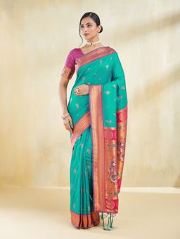 Kasee - Women Teal Jacquard Woven Art Silk Saree with Unstitched Blouse