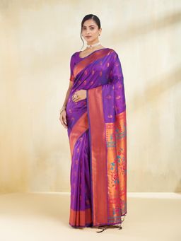 Kasee - Women Purple Jacquard Floral Art Silk Saree with Unstitched Blouse