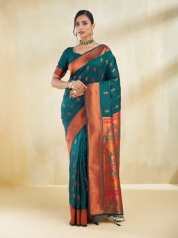 Kasee - Women Teal Jacquard Floral Art Silk Saree with Unstitched Blouse
