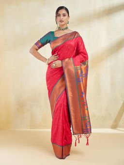 Kasee - Women Pink Jacquard Floral Art Silk Saree with Unstitched Blouse