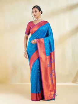 Kasee - Women Turquoise Jacquard Floral Art Silk Saree with Unstitched Blouse