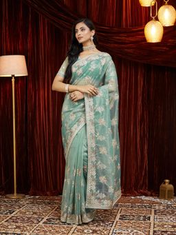 Kasee - Green Floral Embroidered Net Saree with Unstitched Blouse