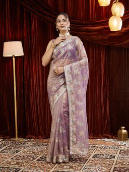 Kasee - Lavender Floral Embroidered Net Saree with Unstitched Blouse
