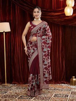 Kasee - Women Maroon Floral Embroidered Silk Saree with Unstitched Blouse