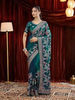 Kasee - Women Turquoise Floral Embroidered Silk Saree with Unstitched Blouse