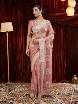 Kasee - Pink Embroidered Silk Saree with Unstitched Blouse