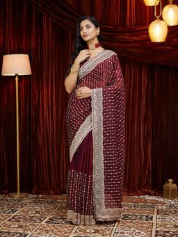 Kasee - Maroon Beads and Stone Embroidered Silk Saree with Unstitched Blouse