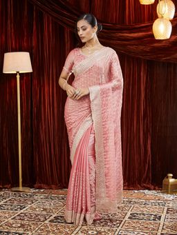 Kasee - Pink Beads and Stone Embroidered Silk Saree with Unstitched Blouse