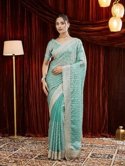 Kasee - Blue Beads and Stone Embroidered Silk Saree with Unstitched Blouse