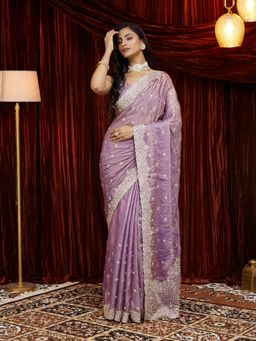 Kasee - Purple Thread Embroidered Silk Saree with Unstitched Blouse