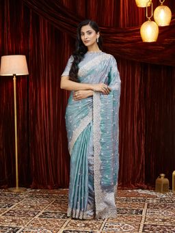 Kasee - Blue Thread Embroidered Silk Saree with Unstitched Blouse