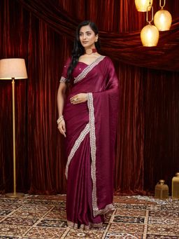 Kasee - Women Purple Embroidered Silk Saree with Unstitched Blouse