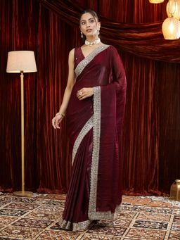 Kasee - Women Maroon Embroidered Silk Saree with Unstitched Blouse
