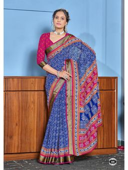 Lush Glam - Blue Pure Cotton Printed Saree with Unstitched Blouse