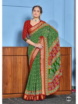 Lush Glam - Green Pure Cotton Printed Saree with Unstitched Blouse
