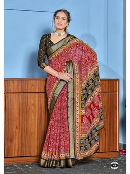 Lush Glam - Red Pure Cotton Printed Saree with Unstitched Blouse