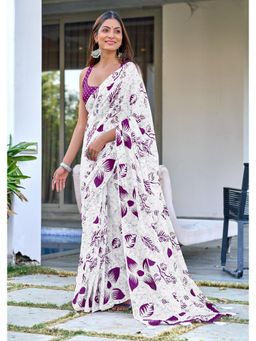 Lush Glam - White Printed Soft Pure Cotton Saree with Unstitched Blouse