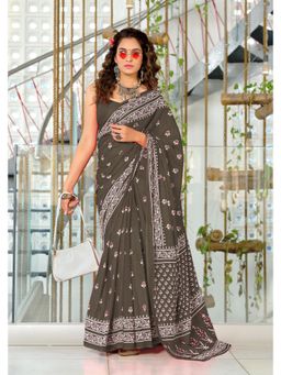 Lush Glam - Grey Printed Mulmul Cotton Saree with Unstitched Blouse
