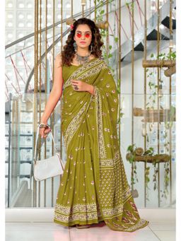 Lush Glam - Green Printed Mulmul Cotton Saree with Unstitched Blouse
