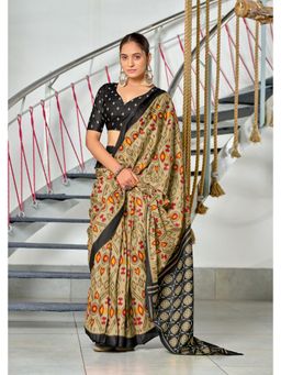 Lush Glam - Beige Printed Mulmul Cotton Saree with Unstitched Blouse