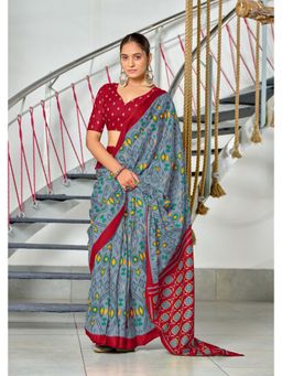 Lush Glam - Grey Printed Mulmul Cotton Saree with Unstitched Blouse