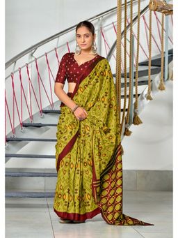 Lush Glam - Green Printed Mulmul Cotton Saree with Unstitched Blouse