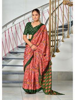 Lush Glam - Pink Printed Mulmul Cotton Saree with Unstitched Blouse