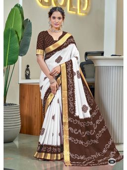 Lush Glam - Brown Printed Soft Pure Cotton Saree with Unstitched Blouse
