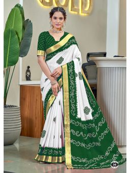 Lush Glam - Green Printed Mulmul Cotton Saree with Unstitched Blouse