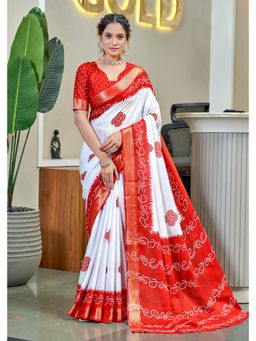 Lush Glam - Red Printed Mulmul Cotton Saree with Unstitched Blouse